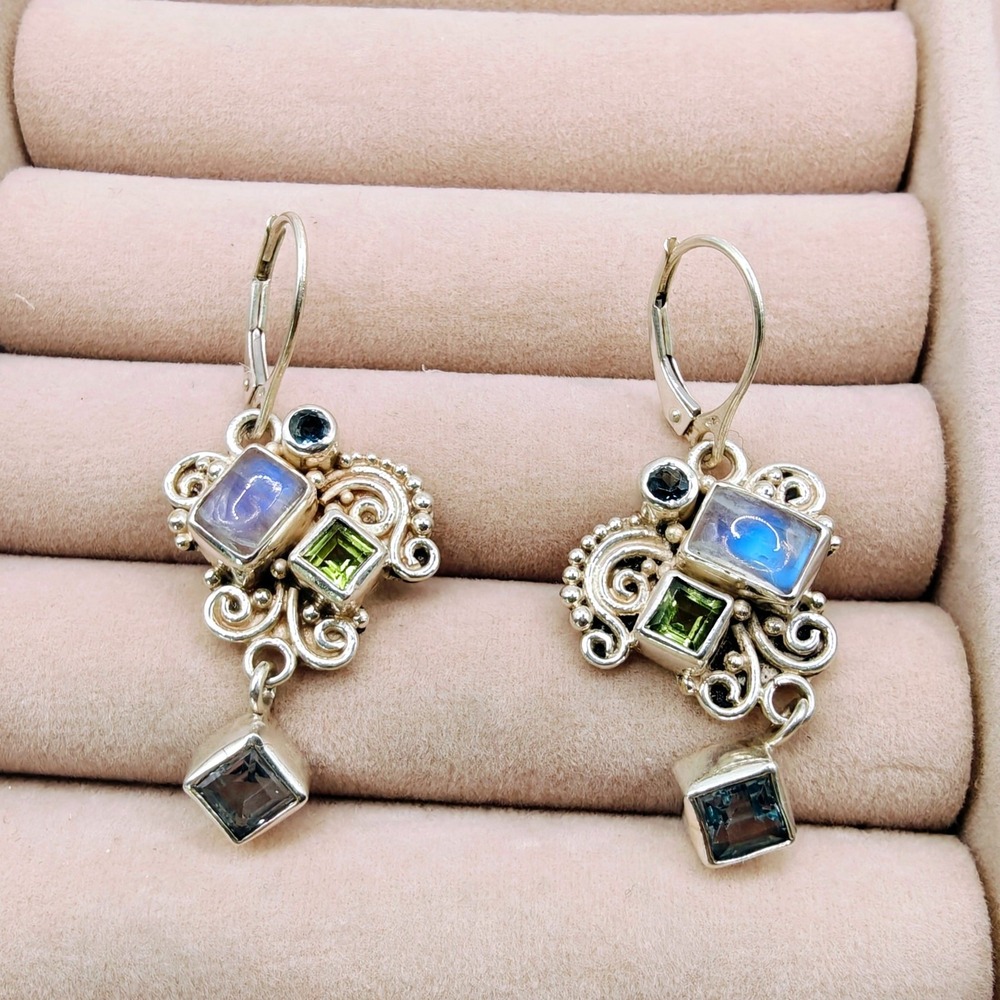 Sterling Silver Multi Gemstone Moonstone Peridot Blue Topaz Leverback Earrings